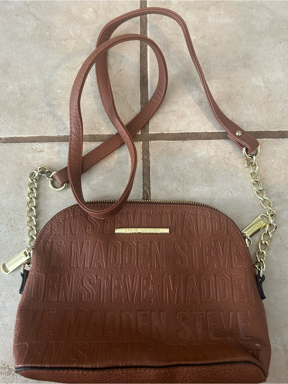 Steve Madden Brown Embossed Logo Crossbody with Gold Chain